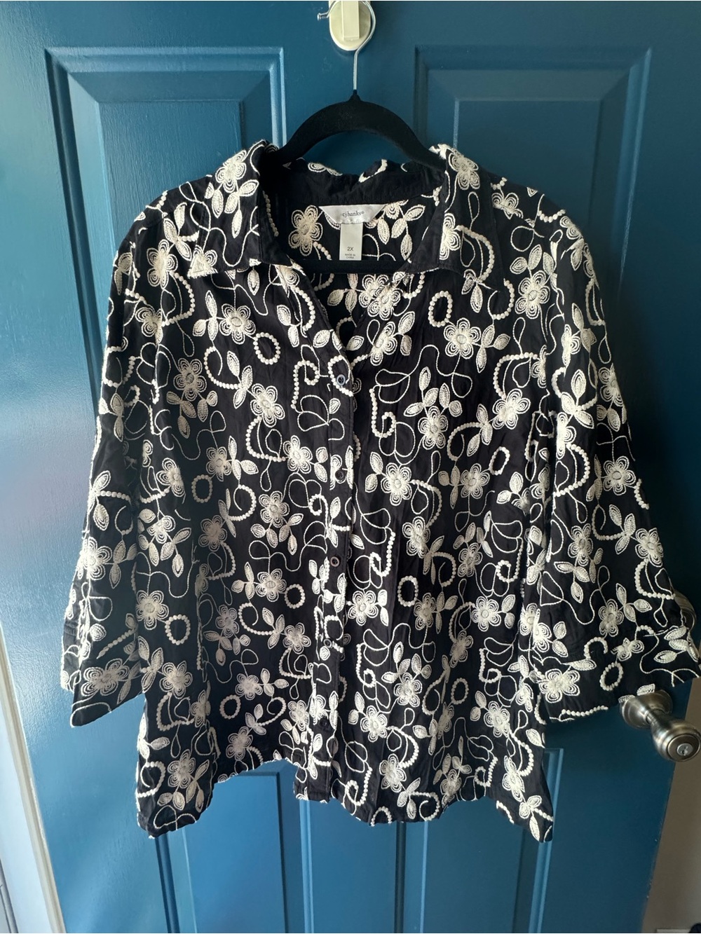 cj banks 2X Black and White Embroidered Button-Down Shirt / Shacket